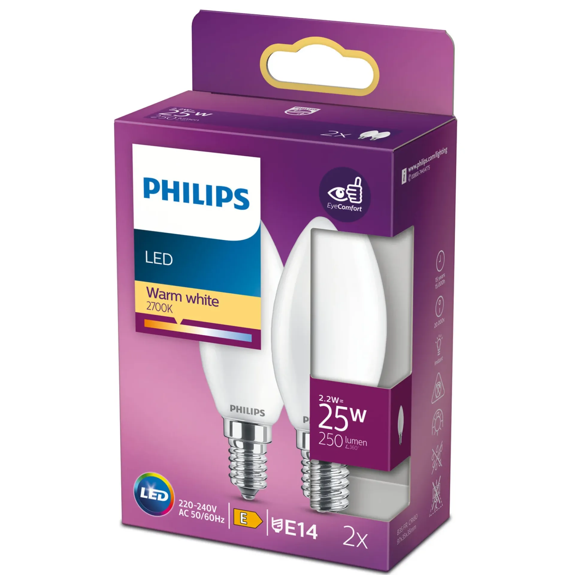 2-PAK MAT LED PÆRE KERTE E14 2W|Philips Best