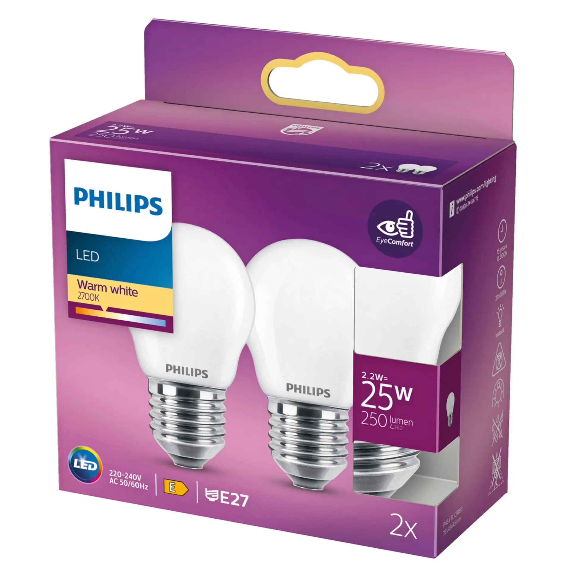 2-PAK MAT LED PÆRE KRONE E27 2W|Philips New