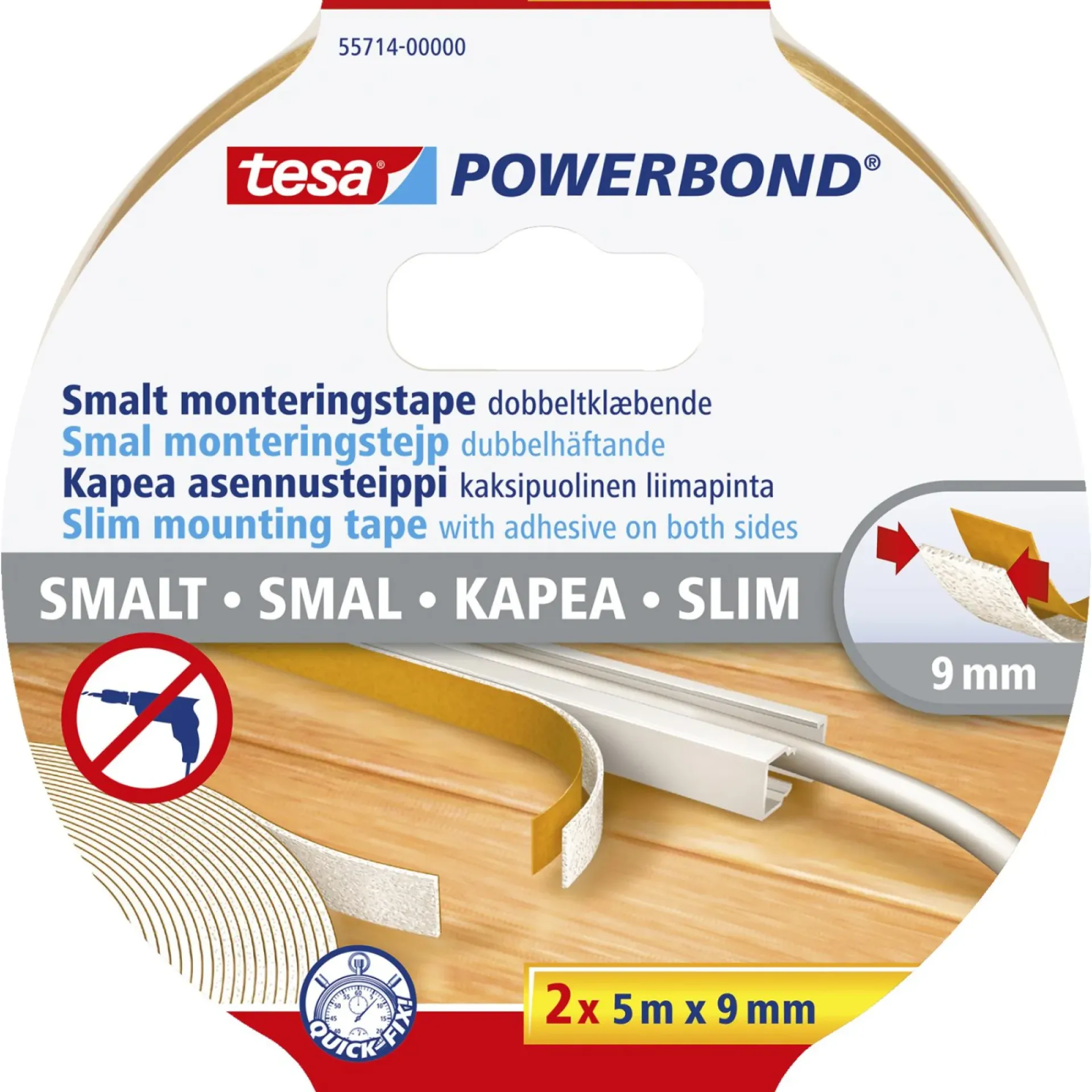 POWERBOND SLIM DOBBELTKLÆBENDE TAPE 5 M X 9 MM HVID|Tesa New